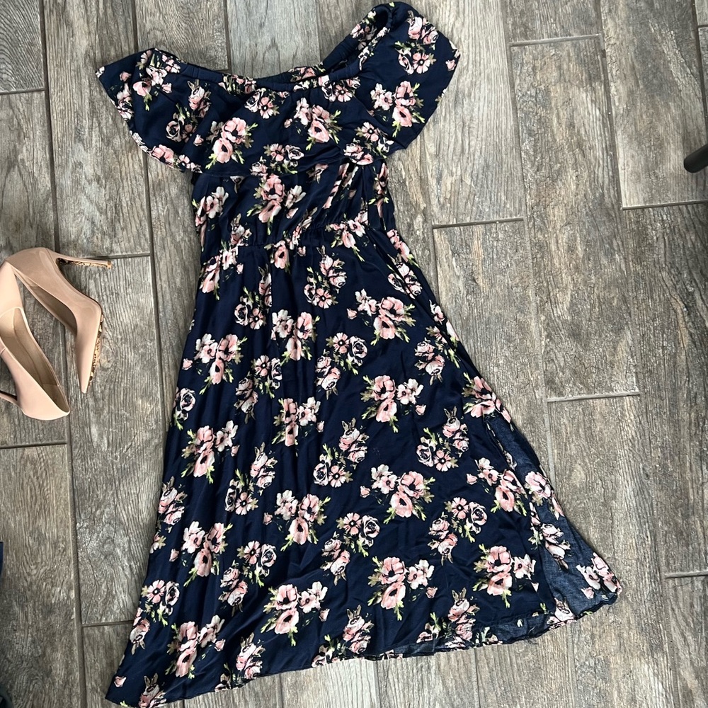 Navy blue flower midi dress